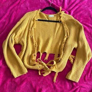 Mustard Yellow Fringed Women's Sweater